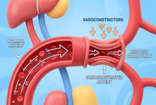 Medical illustration of vasoconstriction showing narrowed artery and reduced blood flow compared to normal blood vessel