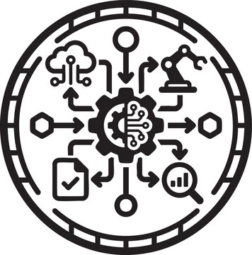 Futuristic AI workflow productivity icon with gear and arrows, Generative Ai