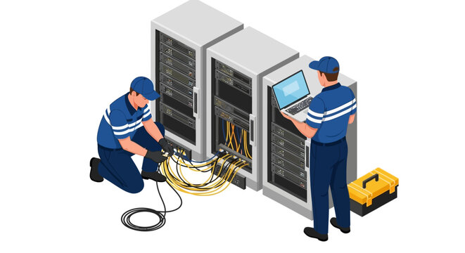 Two technicians working on server equipment, IT maintenance concept, data center background