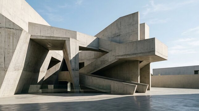 Angular Brutalist Concrete Building Under Clear Blue Sky in Open Courtyard