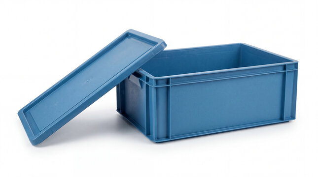 Empty blue plastic storage box with lid, perfect for organization, logistics, or transport, isolated on white background