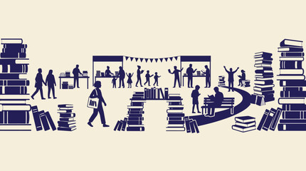 Busy library scene with people engaging and bookshelves © DimDim