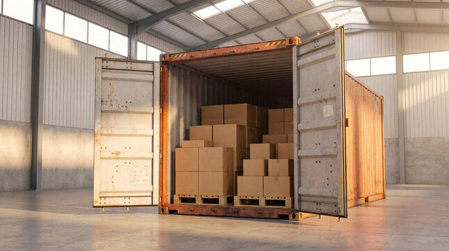 Open shipping container filled with stacked cardboard boxes on pallets inside a modern warehouse. Logistics and supply chain concept