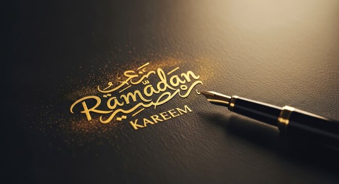 Elegant Ramadan Kareem Calligraphy with Pen on Dark Background.