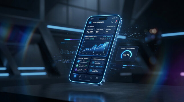 Floating smartphone mockup with ai dashboard blue neon light minimal dark scene holographic interface glowing screen data chart futuristic display digital analytics