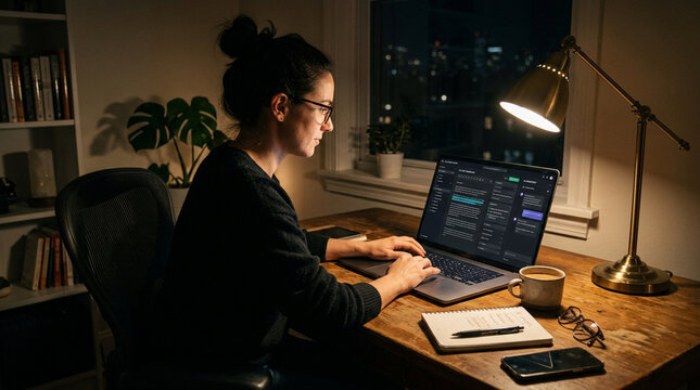 Freelancer editing content with ai assistant tool laptop dark dashboard, woman typing at desk in dim home office at night