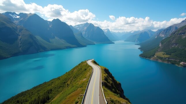 A winding asphalt road leading through a grassy hill overlooking a vast blue glacial lake surrounded by massive rugged mountain peaks on a sunny summer day