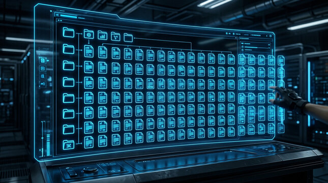 Digital document file system with glowing folder icon and organized data in futuristic interface, hand pointing at virtual screen
