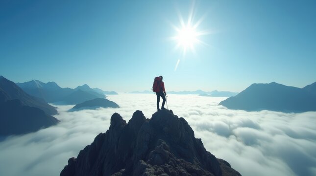 Hiker with backpack standing on a mountain peak above the clouds during a bright sunny day