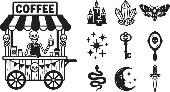 Whimsical skeleton serving coffee from cart with magic