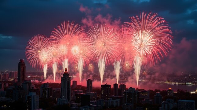 Bright colorful fireworks exploding in the night sky over a dark city skyline during a festive celebration event