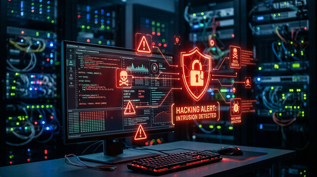 Server room computer monitor hacking alert intrusion detection cyber security data breach malware infection warning icon lock shield red glow network server control screen code panel digital