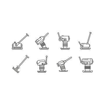 Vibratory tamping rammer and compactor line icon set with compactor, vibratory