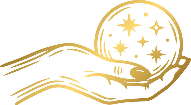 Golden Vintage Fortune Teller Hand with Mystical Palmistry and Celestial Symbols