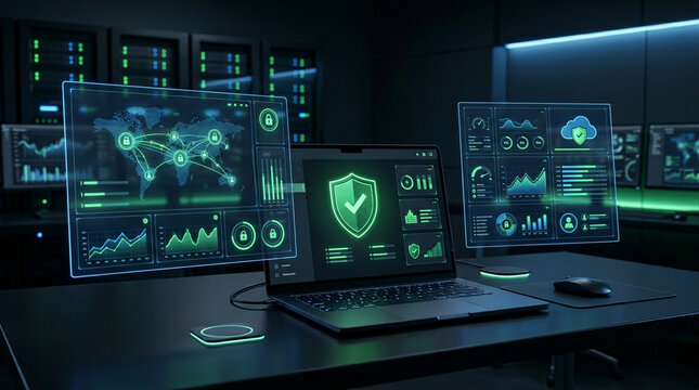 Cyber security shield dashboard laptop workstation green protection interface in dark server room with cloud network monitor and data analytics panels