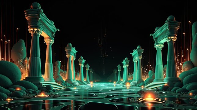 Futuristic temple with glowing green columns and golden lights in a dark digital space