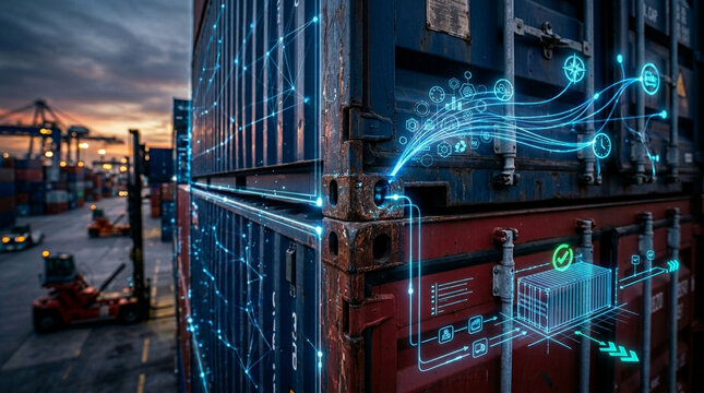 Container stacking digital overlay cargo container logistics network port terminal supply chain shipping yard warehouse storage global trade freight transport