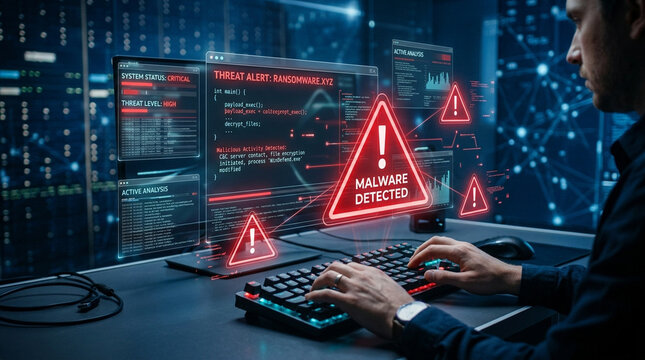 Malware alert cyber attack warning triangle keyboard hacker security threat ransomware data network danger screen computer monitor analysis digital breach system code intrusion virus attack risk