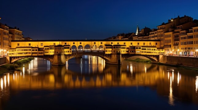 Beautiful night view of the iconic ponte vecchio bridge reflecting in the arno river in florence italy with historical architecture glowing under city lights