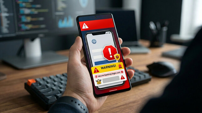 Phishing attack simulation warning alert mobile phone hand holding cyber security online fraud login page screen warning internet scam data theft