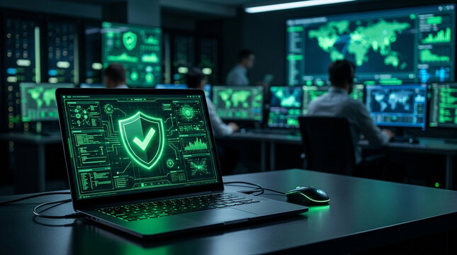 Secure system shield icon glowing green laptop cyber security control room network monitoring data protection computer screen hacker defense server center digital safety secure system shield icon