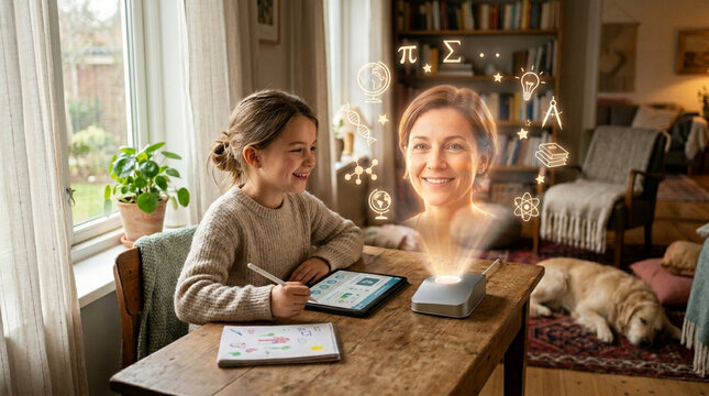 Smart speaker online learning child education digital tutor virtual assistant home study hologram face artificial intelligence tablet computer study table female child smiling child woman face