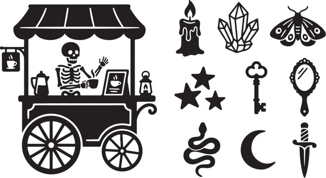 Skeleton running a cart with mystical items displayed