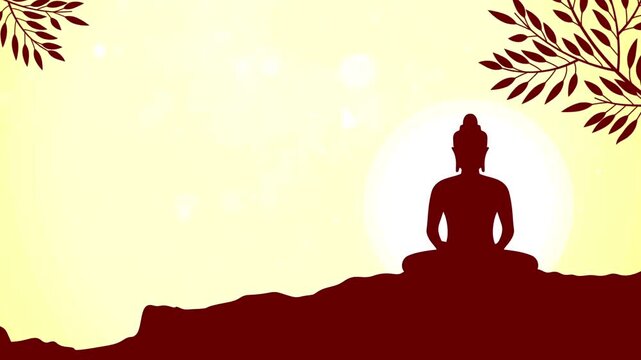 Buddha statue silhouette sitting in meditation on a hill against a glowing yellow sun background.