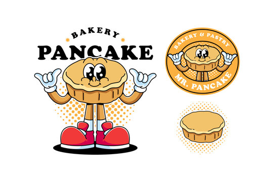 Pancake pie retro cartoon mascot illustration with standing and check hands for bakery and cafes merchandise. Cheerful pancake pastry character logo for restaurant