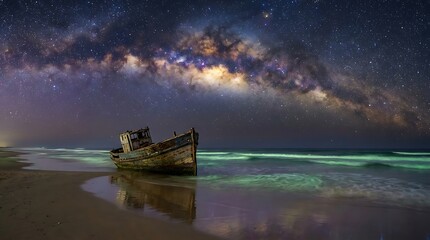 Fototapeta premium Shipwreck on sandy beach under the milky way galaxy at night with night sky outer space shipwreck deserted universe vacation