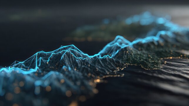 Digital data stream flows across an illuminated mountainous landscape at night