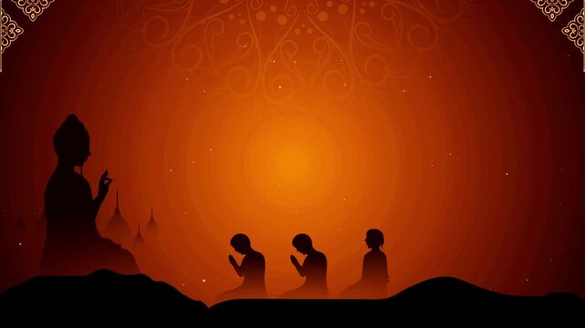 Buddha statue preaching to three disciples on an orange background with mandala ornaments.