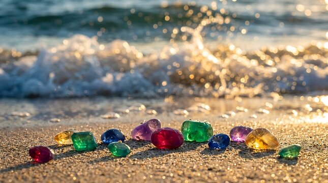 Colorful gemstones scattered on a sandy beach with waves golden hour gemstones colorful treasure discovery sparkling