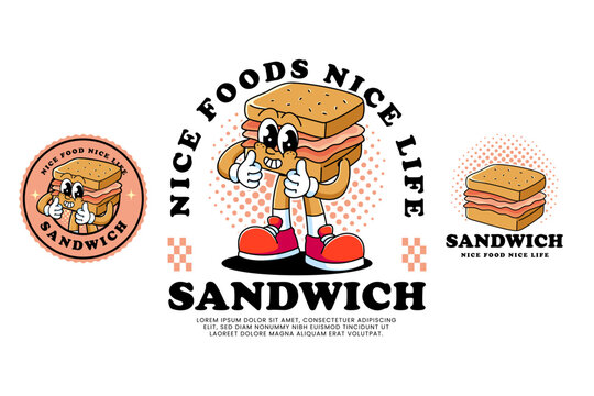 Cute sandwich with layered filling retro cartoon mascot illustration with standing and thumb up pose for cafes and fast food. Stuffed sandwich character logo for restaurant and eatery