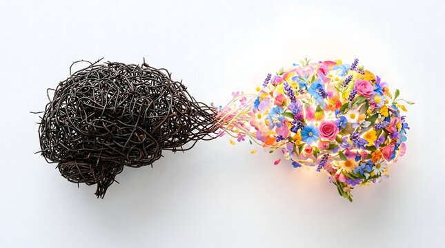 Conceptual illustration of two brains connected by vines, one side made of tangled dark barbed wire and the other side blooming with colorful flowers, representing mental health and growth.