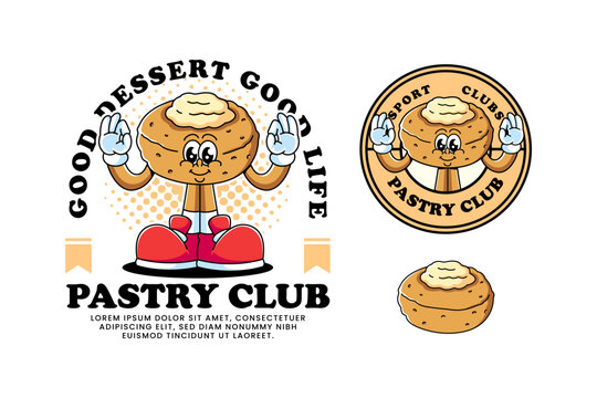 Cinnamon roll retro cartoon mascot illustration with standing and ok hands pose for bakery and pastry. Sweet bun with cream topping character logo for cafes and bakehouse