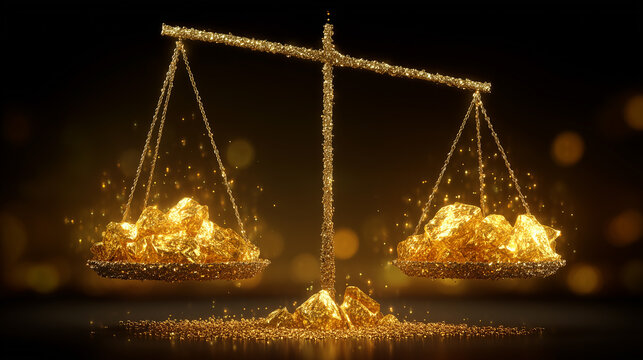 A balance scale holding gold rocks, symbolizing precious metal value, mining wealth and commodity investment.
