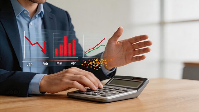 Businessman using calculator with floating financial charts showing profit loss trends, analyzing market performance, budget planning, economic forecast and accounting calculation