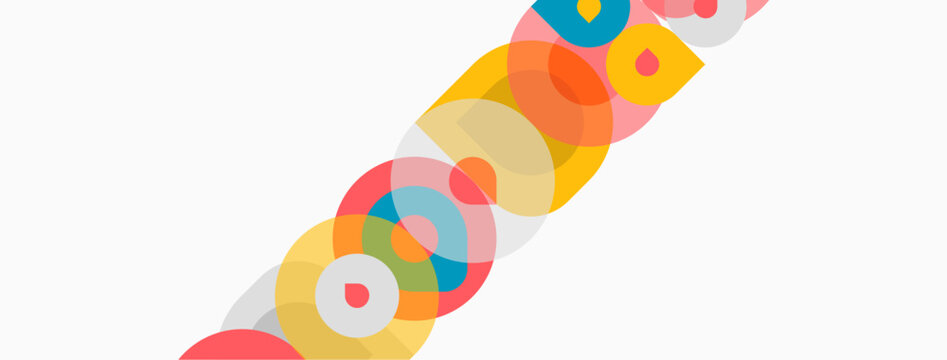 Abstract colorful overlapping circles create dynamic diagonal pattern. Minimalist design, bright hues, simple shapes, modern aesthetic.