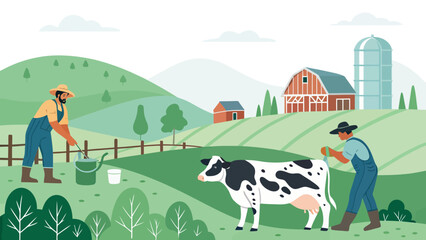 Fototapeta premium Rural farm scene with farmers tending to cows and agricultural structures on rolling hills food production rural life farm animals blue sky agriculture countryside landscape livestock