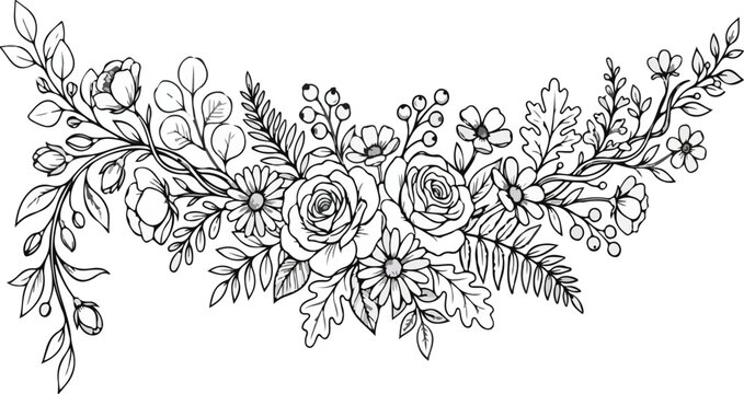 Floral Garland Swag Bouquet Line Art Sketch