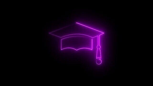 Neon glowing violet color graduation cap icon animation on black background. Graduation hat with tassel icon. 