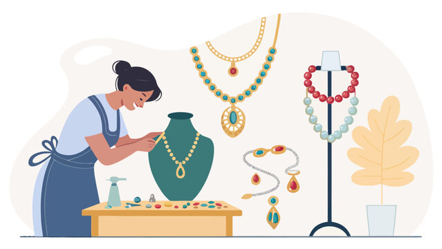 Jewelry maker arranging necklaces and bracelets with jewelry store crafting designer workshop creation necklace bracelet handmade craftsmanship accessory creative materials business