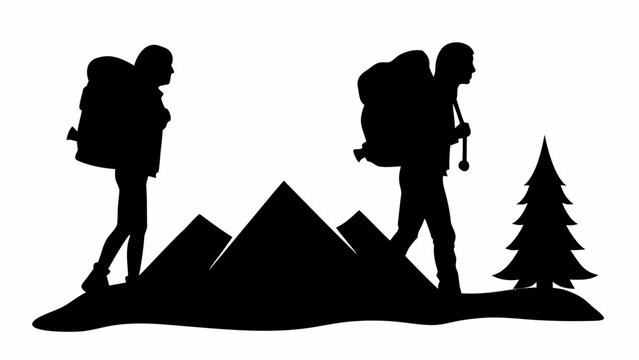 Two hikers with backpacks silhouette standing on mountain peak with pine tree