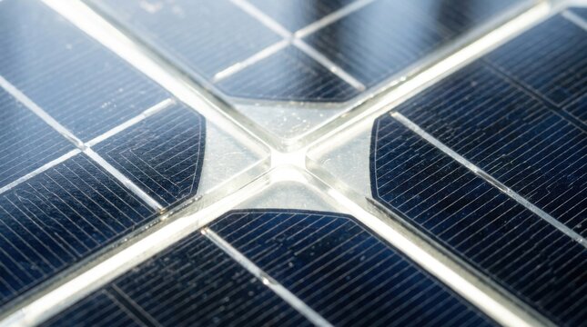 Macro detailed view of monocrystalline silicon solar cells illustrating the encapsulation material, metallic grid busbars, and the junction where four solar cells meet on a PV panel.