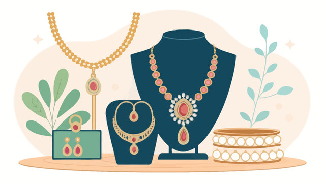 Assortment of fine jewelry displayed on stands and shelves with statement piece precious metals necklace earrings bracelet gemstones accessories collection precious boutique adornment