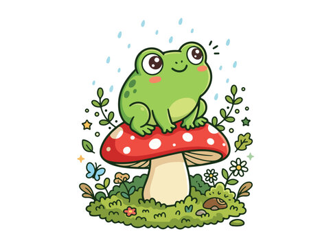 Green Frog on Red Mushroom.