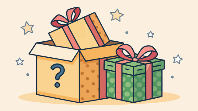 Several gift boxes one open with a question mark another stacked inside a third next to it concept of surprise gifts mystery present gift package cardboard box lucky dip flat design vector art