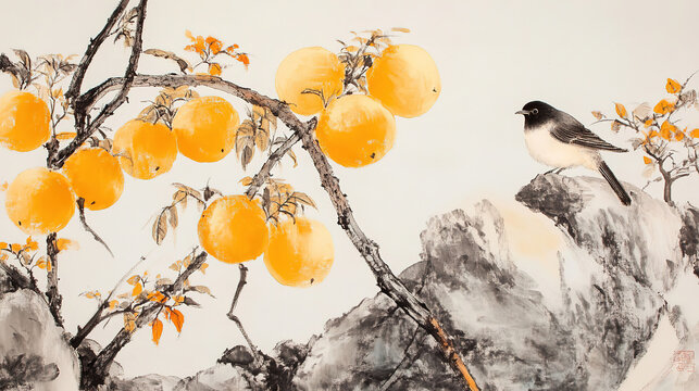 Chinese painting gourd flowers birds on branch light gray background ink wash traditional artistic charm golden yellow fruits hanging bird perched nearby vibrant colors peaceful pleasant feeling
