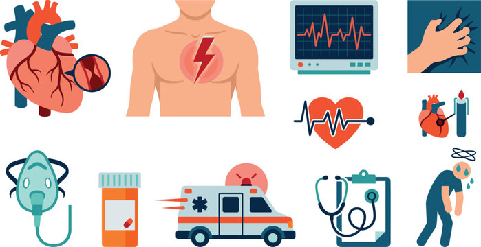 Heart Disease and Emergency Medical Care Vector Collection with Cardiac Pain, ECG Monitor, Ambulance, Medication, and Healthcare Symbols